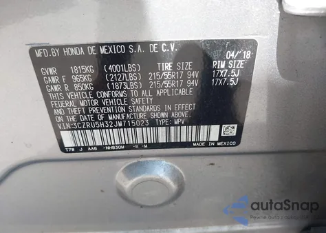 2018 Honda Hr-V Lx z USA, uszkodzony, nr VIN 3CZRU5H32JM715023